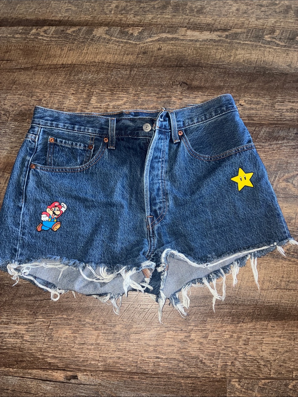 Levi's Blue Denim Cutoff Shorts with Super Mario Patch